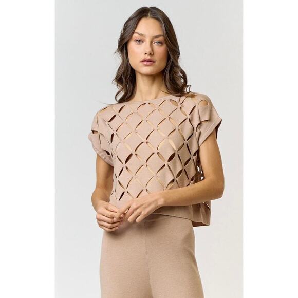 Cut Out Detail Sweater Top in Tan - Picture 1 of 5